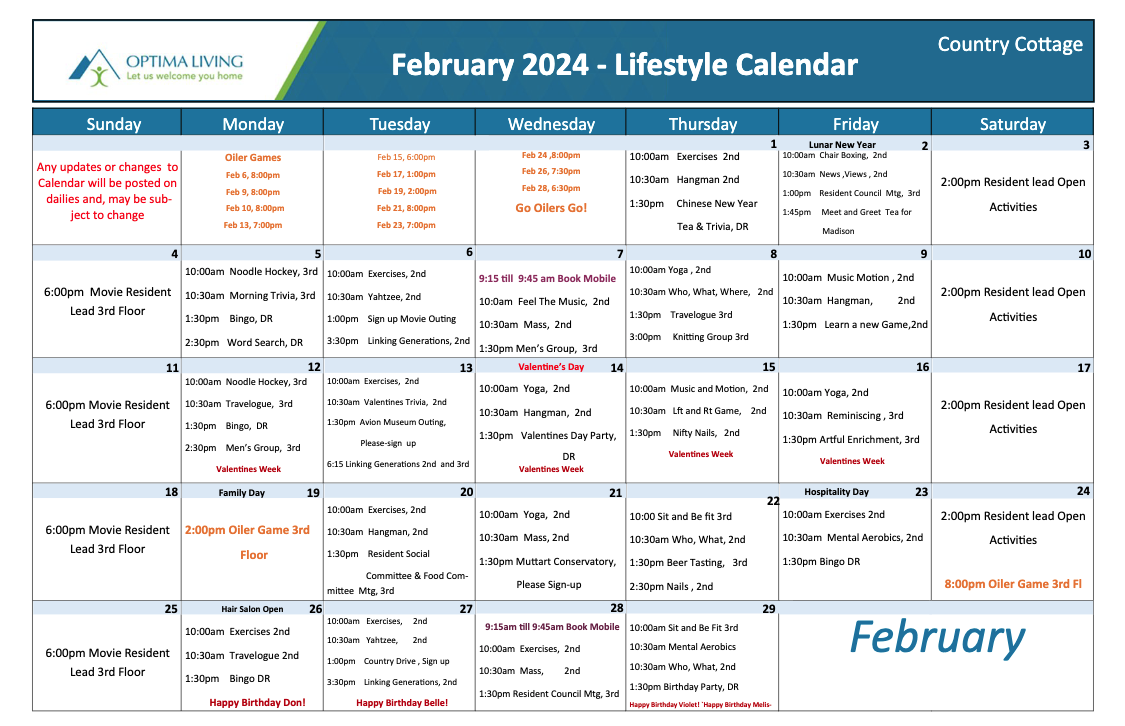 Country Cottage February 2024 event calendar