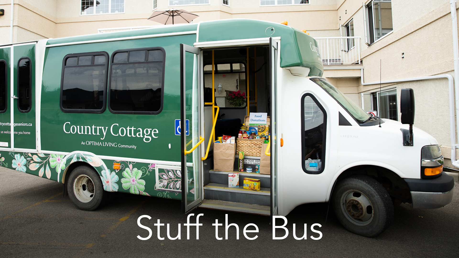 Country Cottage bus with food bank donations