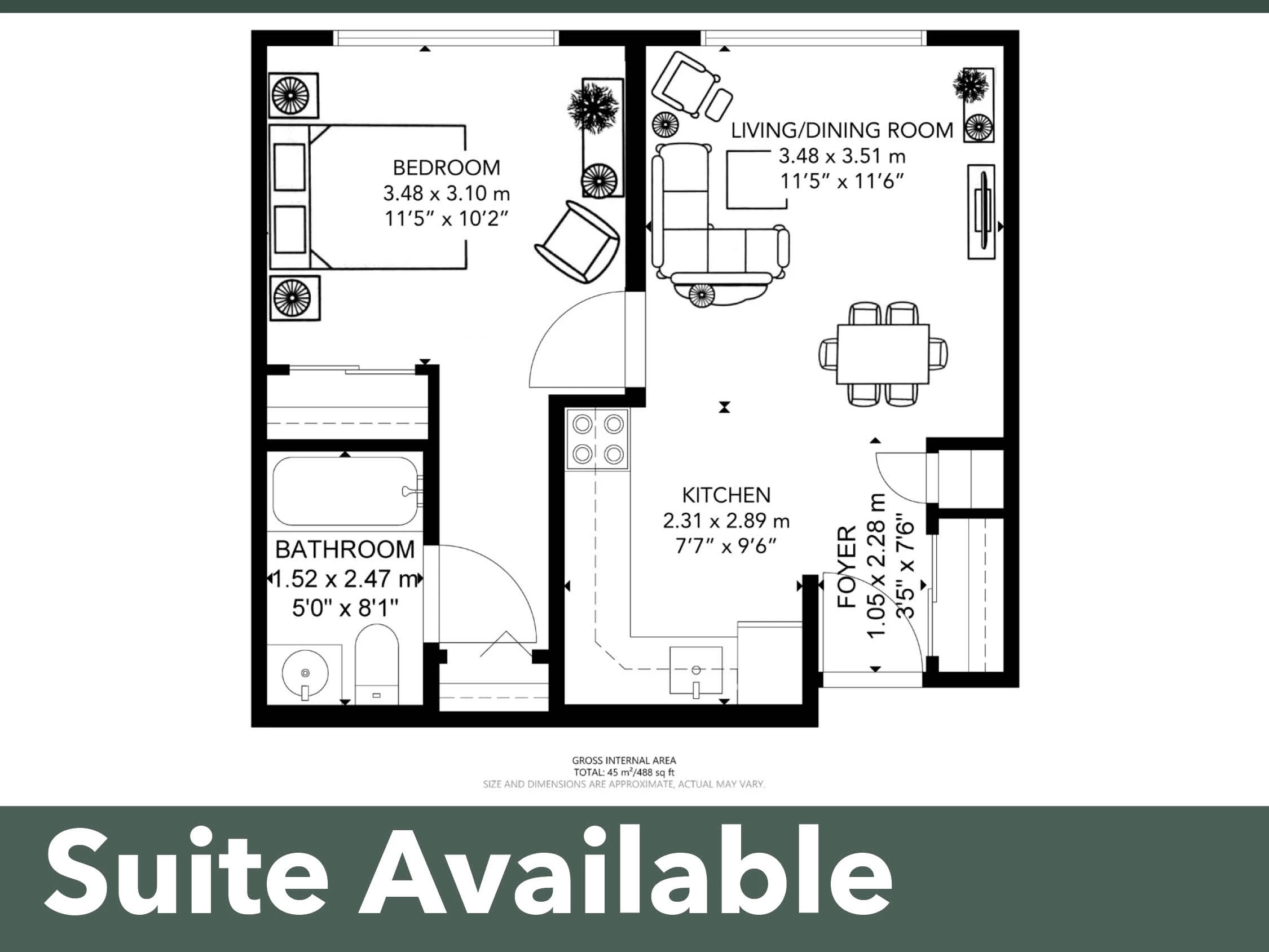 Another suite available. This floorplan shows a bedroom, a bathroom, a living and dining room, as well as a kitchen.