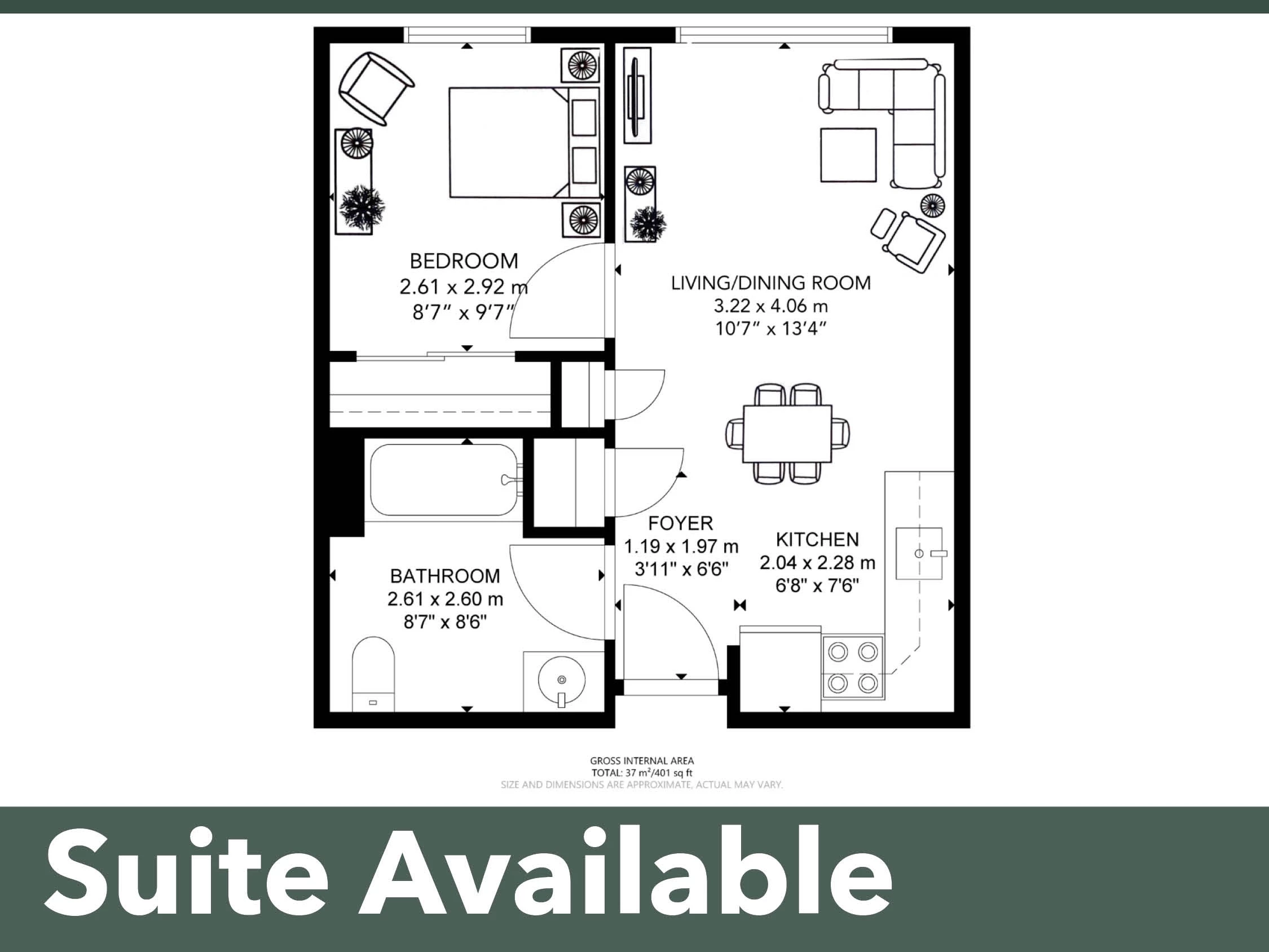 Suite plans showing the size and space of the suite. It features a bedroom, a living room, dining area, kitchen, and bathroom.