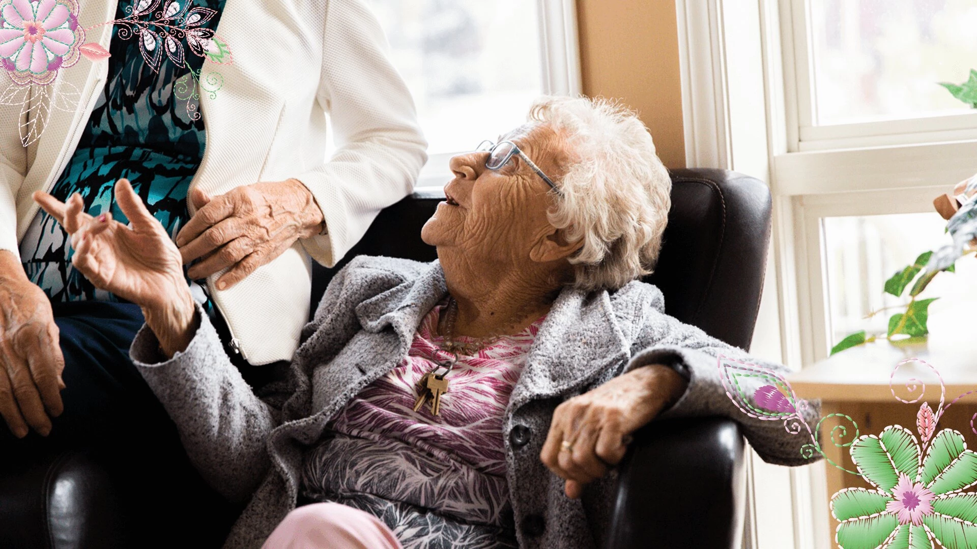 An elderly woman sitting on sofa